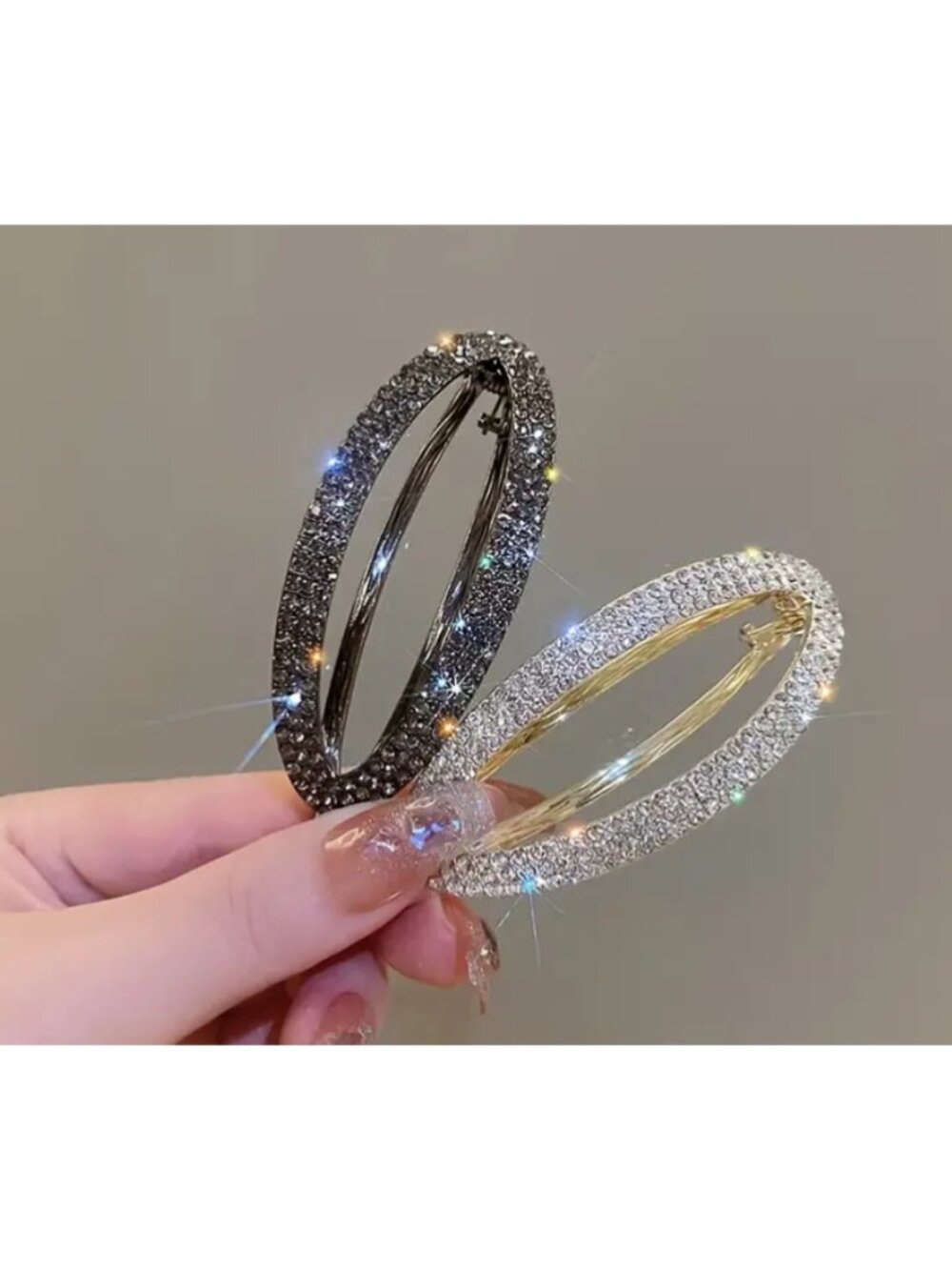 Set of 2 Black & Gold Oval Rhinestone Hair Claw Clips Strong Hold, Elegant